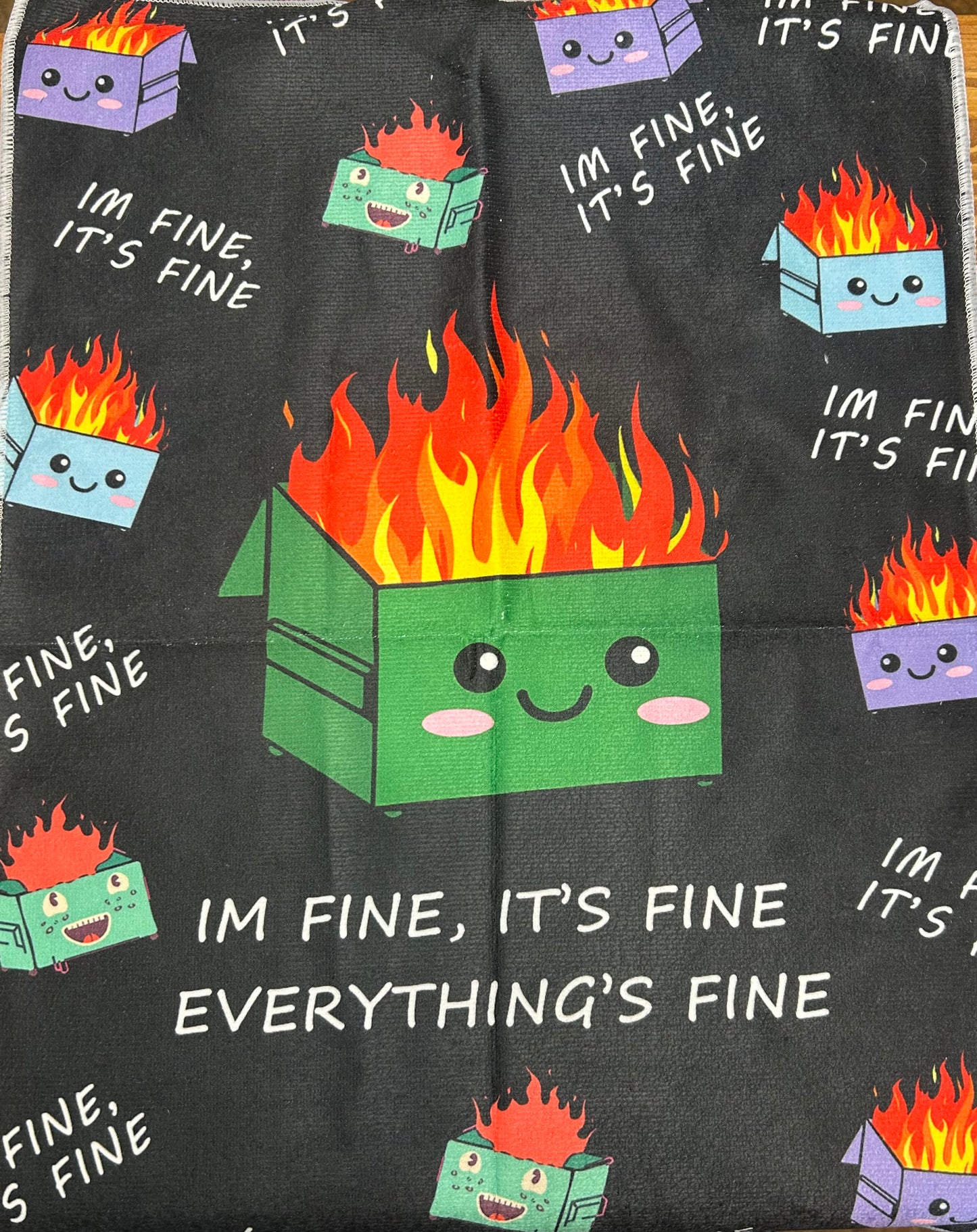 I'm Fine, Black Tea Towel with Fire Design